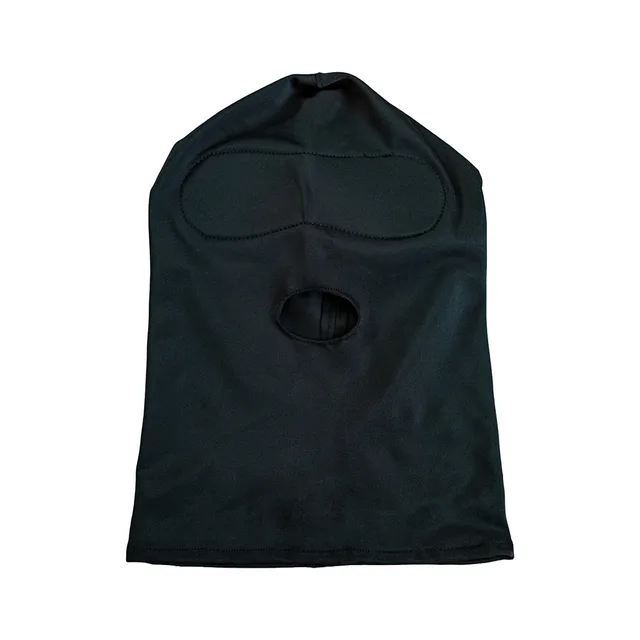 Black full-head Hoodwinked hood with shaped eye panel and mouth opening