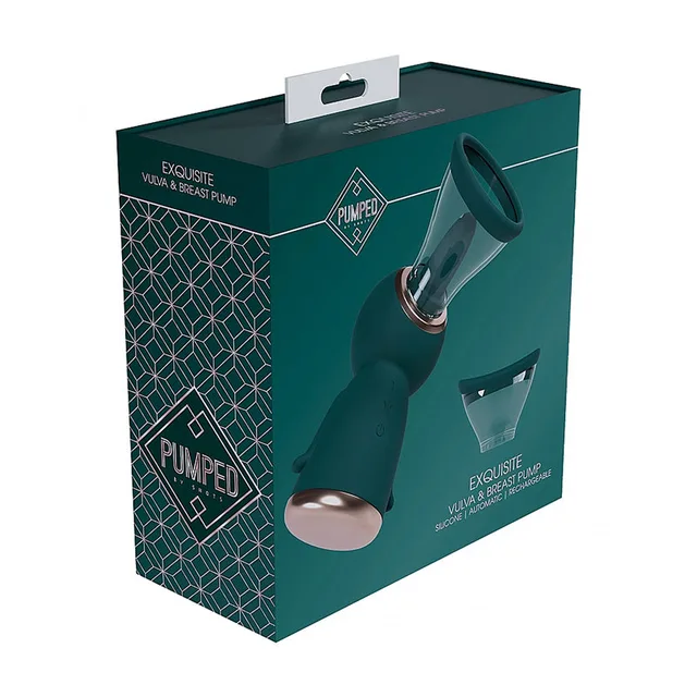 forest green Pumped Exquisite automatic pump pictured on dark teal retail box