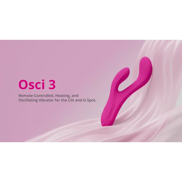 Lovense Osci 3 promotional graphic with curved pink dual-arm vibrator