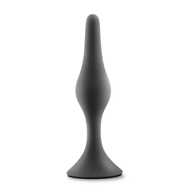Upright front view of medium tapered black silicone plug