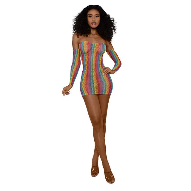 Dreamgirl rainbow mini dress with arm warmers one size front full-length model view