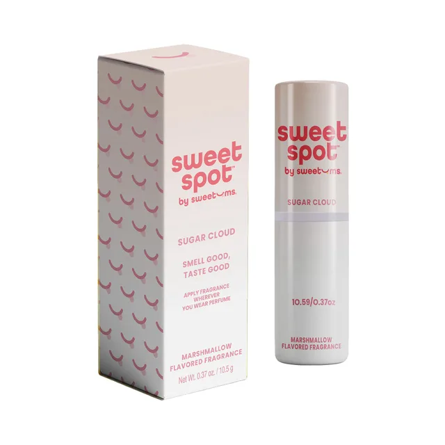Sweetums Sweet Spot Marshmallow fragrance slim white tube beside matching box with pink lip pattern