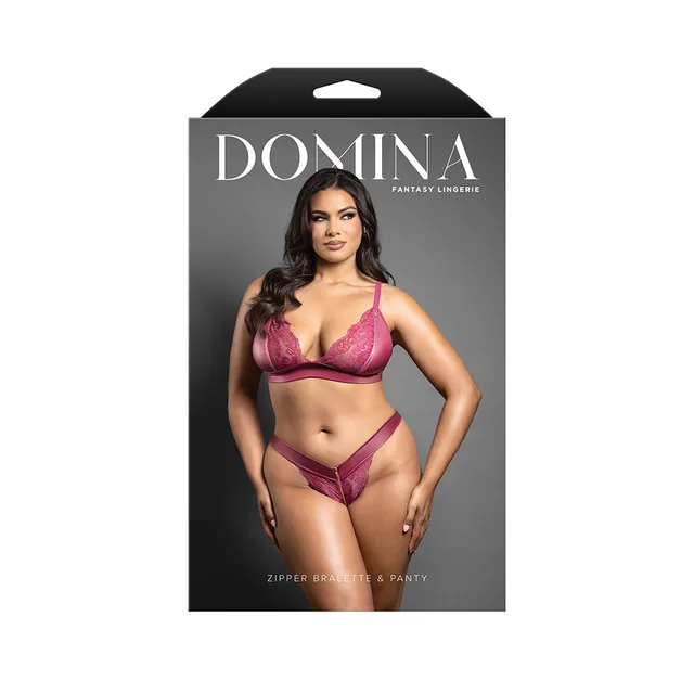 Domina package showing berry bralette and panty set with black trim in Queen size