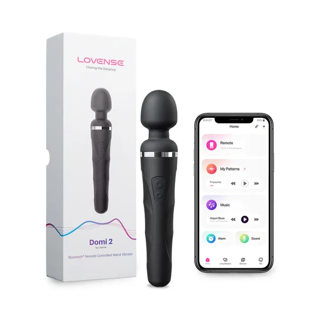 Black Lovense Domi 2 wand with white box and Remote app screen