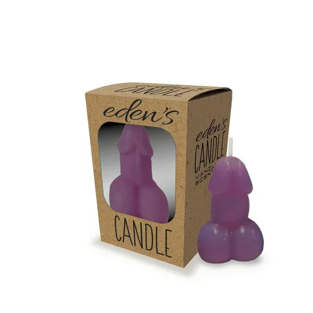purple sculpted Eden's penis candle with white wick beside brown kraft box