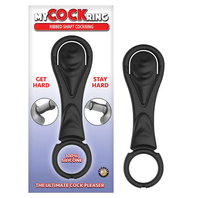 Black My Cockring Ribbed Shaft ring with raised panel beside package
