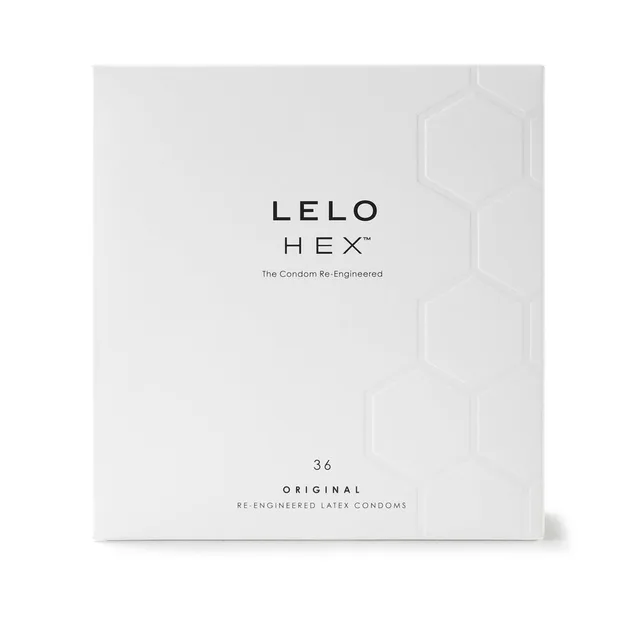 Front view of white LELO HEX Original 36-count carton