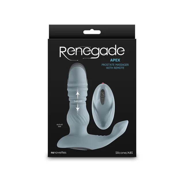 gray Renegade Apex angled massager and remote pictured on black box