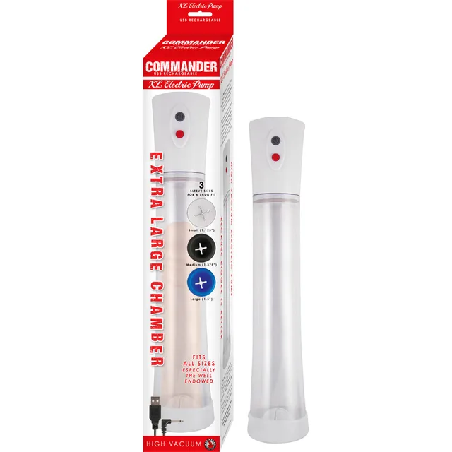 White Commander XL electric pump beside tall red retail box