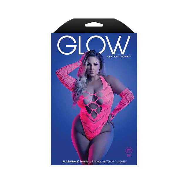 Glow Flashback Queen box showing hot pink fishnet teddy and arm warmers