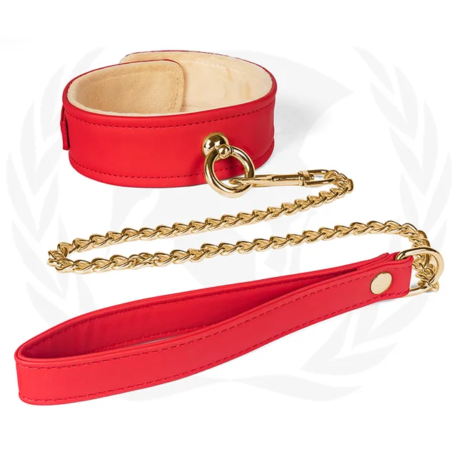 Red plush-lined Spartacus collar with gold chain leash and handle