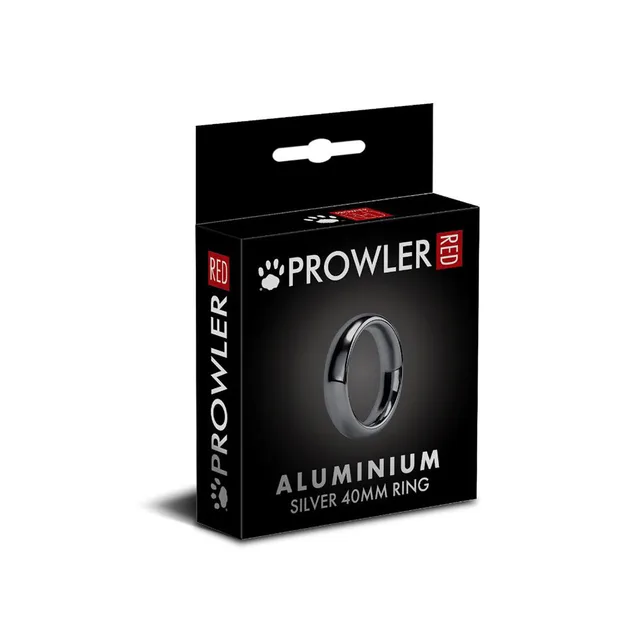 Prowler RED silver 40 mm aluminum cock ring angled black carton with silver ring visible in front window