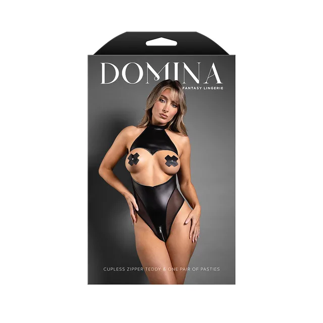 Domina package showing black cupless high-neck zipper teddy with pasties in L XL