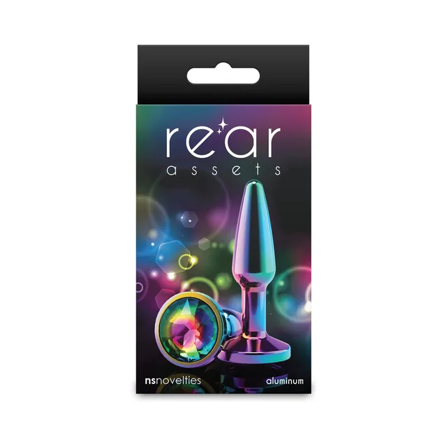 Small rainbow Rear Assets tapered aluminum plug with multicolor jewel base