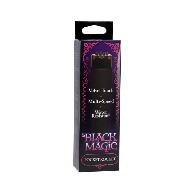 Black Magic Pocket Rocket massager inside tall black-and-purple retail box