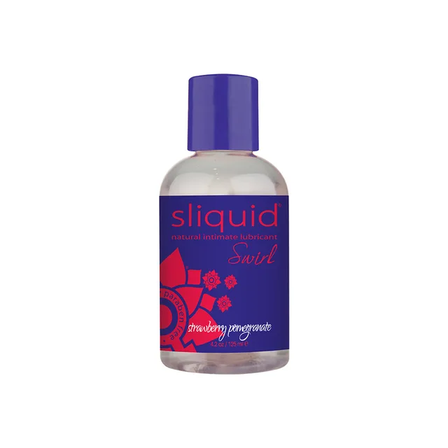 Clear Sliquid Strawberry Pomegranate bottle with purple cap and red label