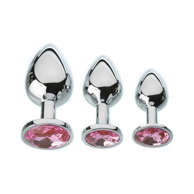 Adam & Eve Pink Gem three-piece metal anal plug set three graduated plugs angled toward viewer