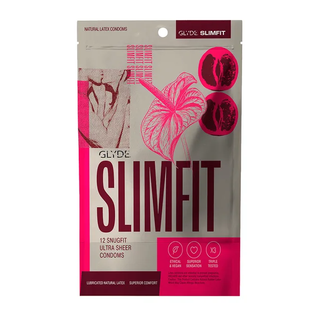 pink and black Glyde Slimfit 12-pack condom pouch with 49 mm fit diagrams