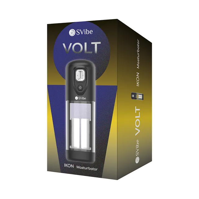 SVibe Ikon Volt black masturbator shown in black and gold retail box