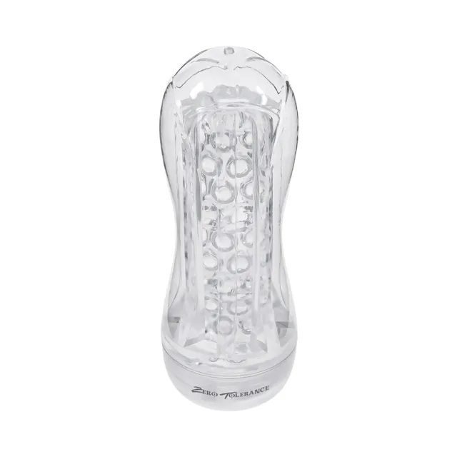 Front three-quarter view of clear Casual Encounter stroker and textured channel