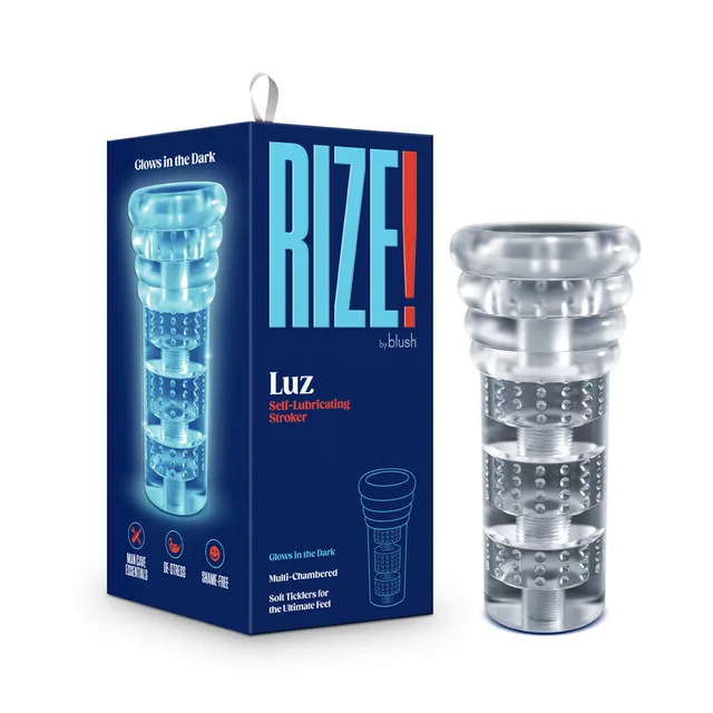 Blush RIZE Luz clear multi-chamber textured stroker beside blue retail box