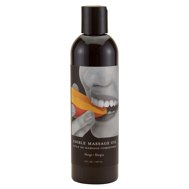 Earthly Body Mango 8 oz massage oil in black bottle with sliced mango label