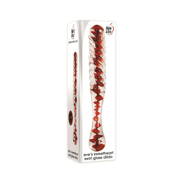 Adam & Eve Sweetheart Swirl red glass dildo with black retail box and red drawstring pouch