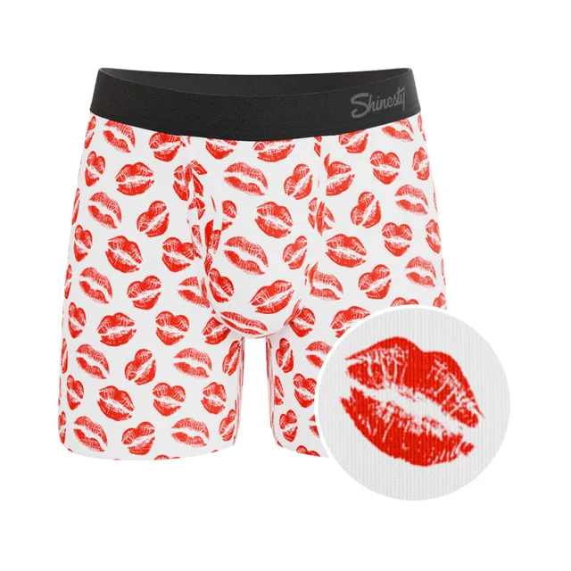 Front view of Shinesty Pucker Up size XL white underwear with red kiss print