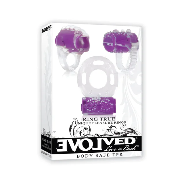 Evolved Ring True Clear Purple Ring Set white retail carton with three purple clear rings