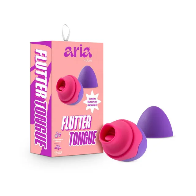 Aria Flutter Tongue purple-and-pink vibrator beside retail box
