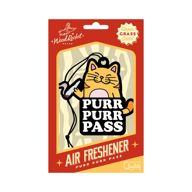 Wood Rocket Purr Purr Pass green-grass air freshener front retail card with smoking cat illustration