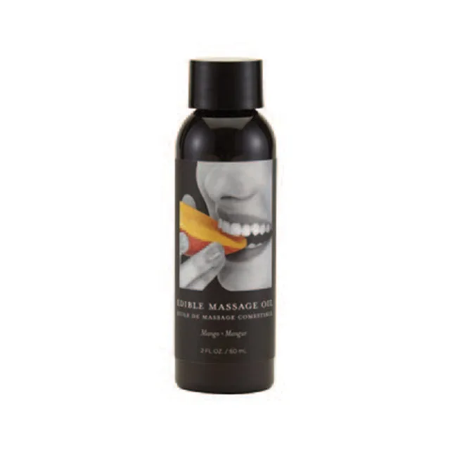 Earthly Body Mango 2 oz massage oil in black bottle with fruit label