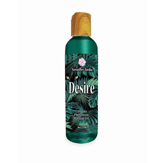 Desire Lavender massage oil in dark green bottle with flower icon