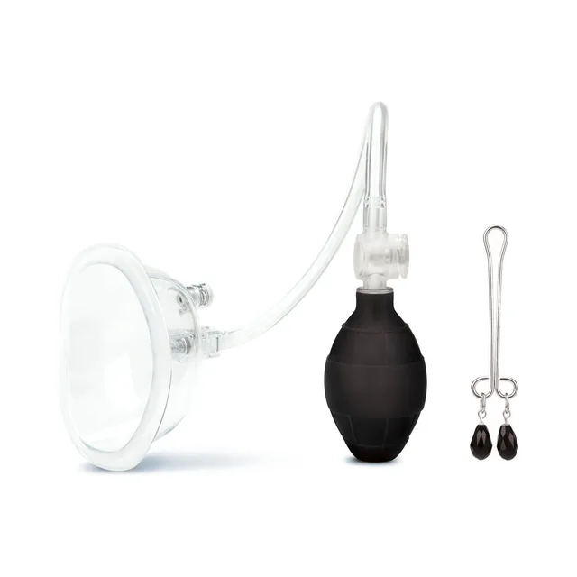 Clear oval pump cup with tubing, black hand bulb and clips