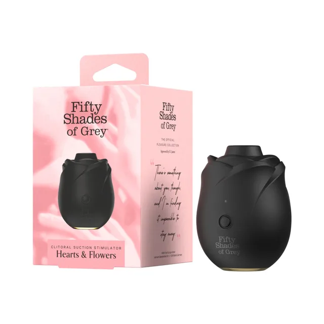 Fifty Shades Hearts and Flowers Rose 2.0 suction stimulator beside the pink retail box with sculpted petals and gold base