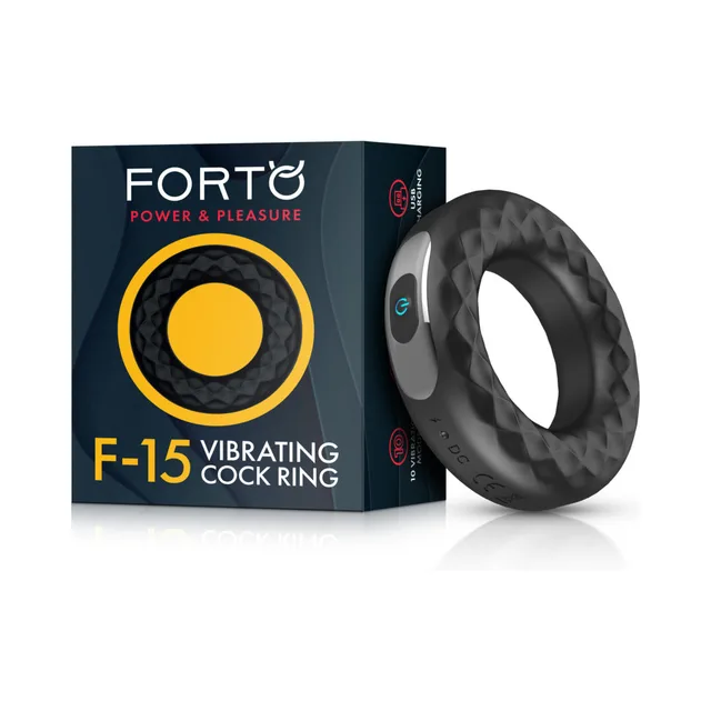 Black Forto F-15 vibrating cock ring beside retail box