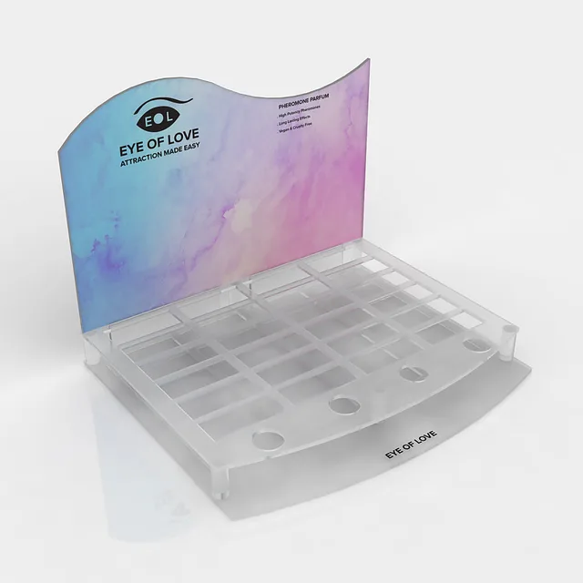 Eye of Love Bloom clear acrylic display with pastel branded header