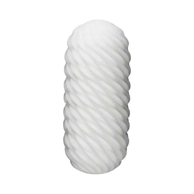 TENGA 3Dx Flow white stroker sleeve upright capsule with broad diagonal twisted ridges