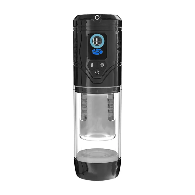 Shots PUMPED Sensurge black heated suction masturbator front view with digital control panel and transparent lower chamber