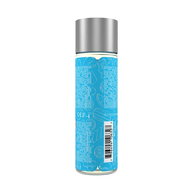 JO Candy Shop Bubble Gum 2 oz lubricant back of bottle with blue text pattern, barcode and silver cap