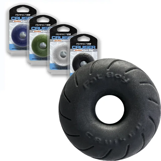 Perfect Fit Cruiser Black TPE Ring front view with four color packages in background