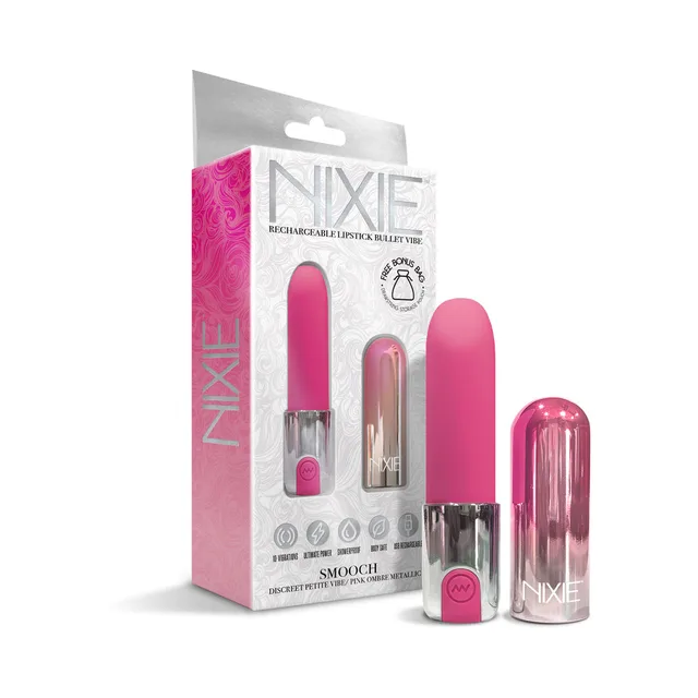 pink ombre Nixie Smooch lipstick vibrator with clear cap and retail pack