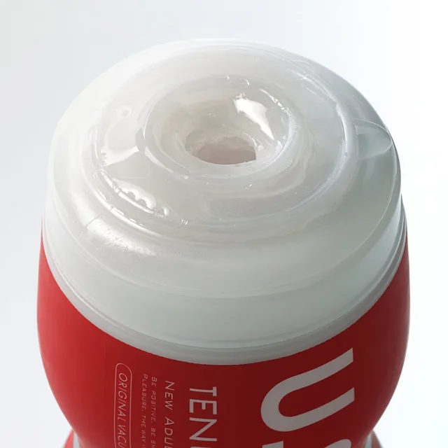 Close-up of wide transparent Tenga U.S. sleeve opening