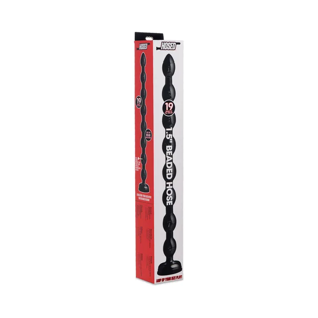 black Hosed 1.5-inch beaded PVC hose displayed on tall red and white box