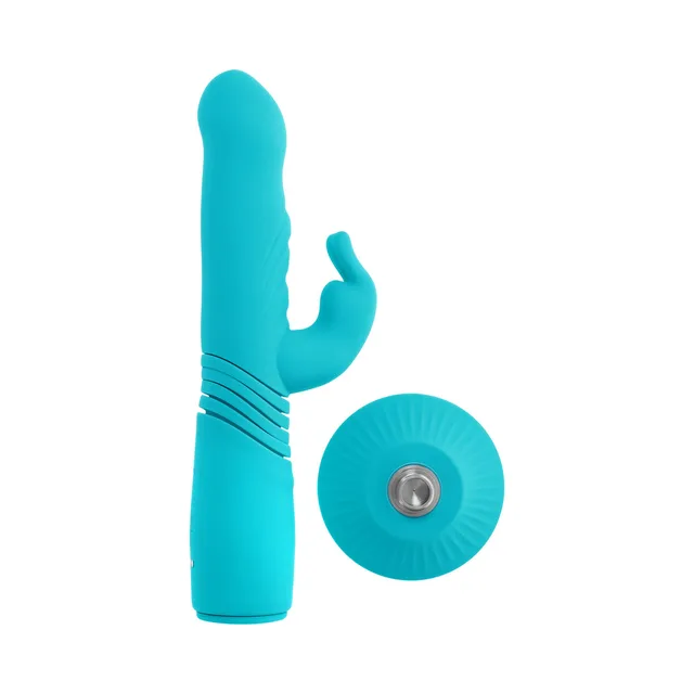 Teal Bunny Hop rabbit vibrator beside its round suction base