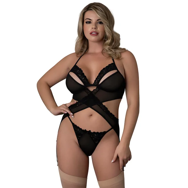 Magic Silk Rush black merry widow set Queen front model view showing the crisscross bands