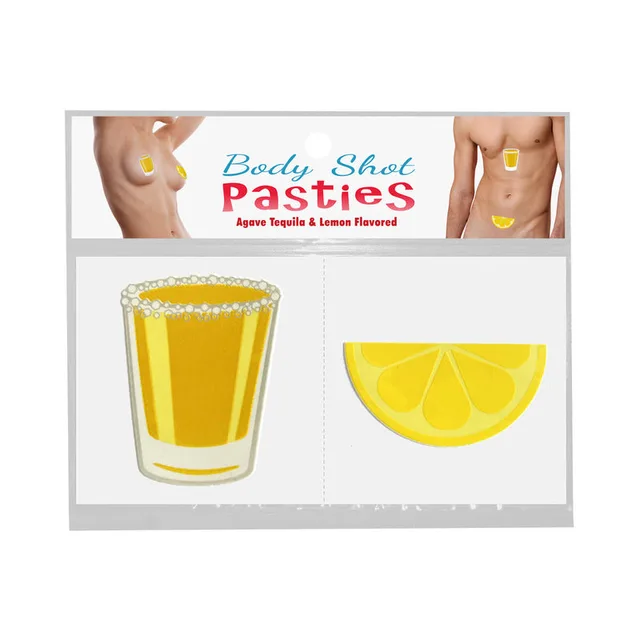 Body Shot Pasties card with yellow tequila glass and lemon wedge edible pieces