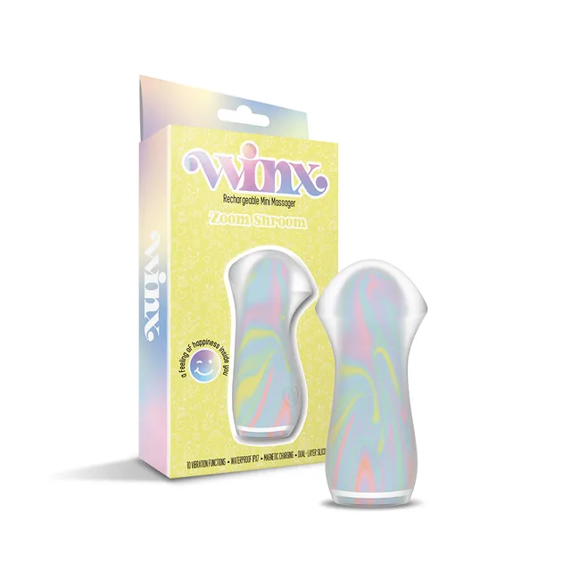 Pastel WINX Zoom Shroom mushroom vibrator displayed beside yellow box