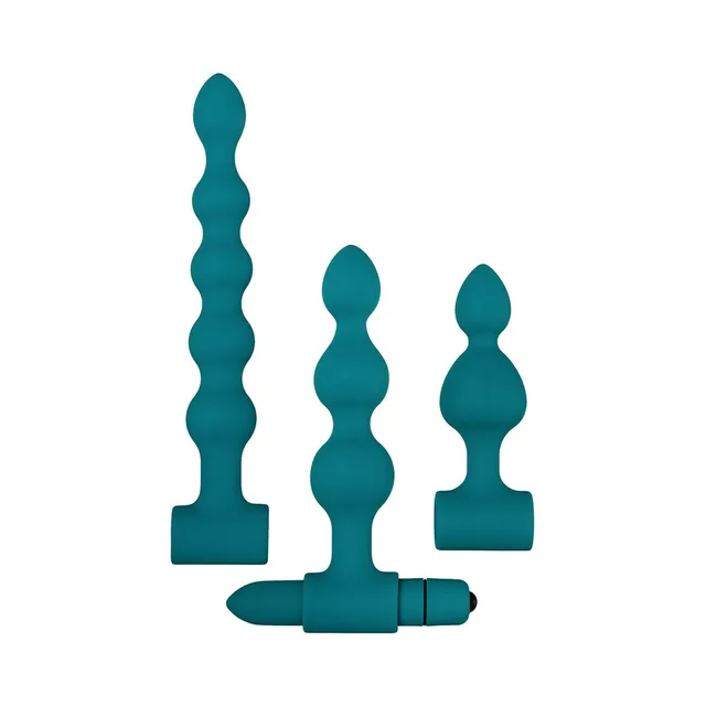 Adam & Eve Vibrating Bumpy Bead plug set three plugs with removable bullet arranged together