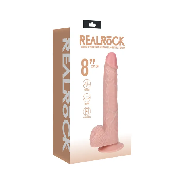 Beige Shots RealRock 8-inch rotating vibrating dildo pictured on retail box